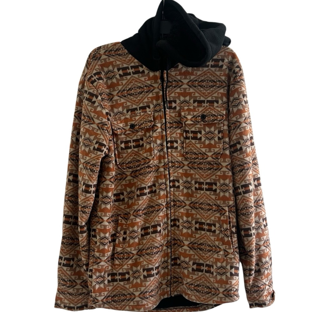 Distortion Hooded Fleece‎ Jacket Men's L Aztec Southwestern Faux Fur Lined
